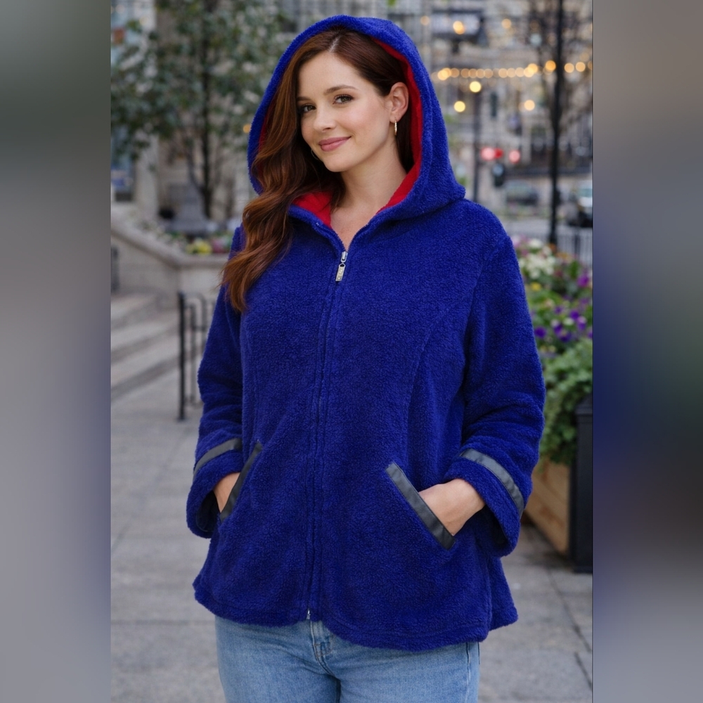Susan Graver Boucle Cozy Blue and Red  Swing Jacket, Full Zip Hooded 1X